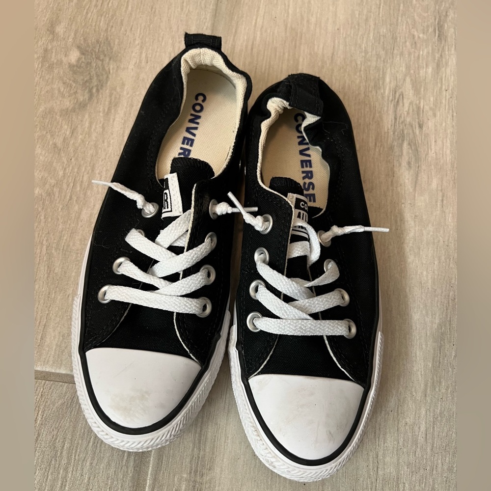 Converse women’s tennis shoes, black and white, worn once, size 7